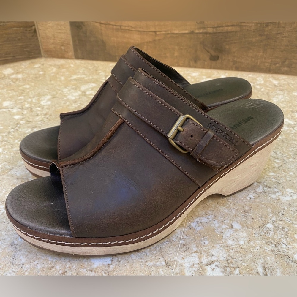 Merrell Halendi Slide Wedge Sandal Full Grain Leather Sz 9/40 Great Preowned